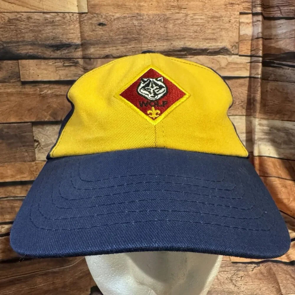 Boy Scouts BSA Cub Scouts Wolf Twill Cap Hat Navy Yellow S/M Snapback Vintage